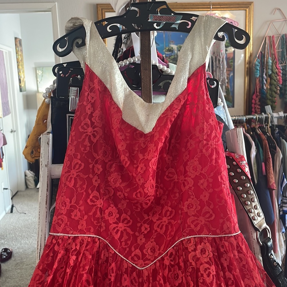 GIFTED 1950’a Vintage Red Southern Belle Ball Gown Red Lace Bows Maxi Dress - Picture 7 of 17